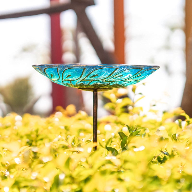 MUMTOP Glass Bird Bath, Garden Outdoor Birdbaths Birdfeeder with Metal Stake Peacock - Image 4
